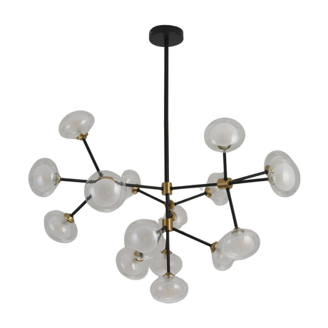 The Galaxy 16 Light Chandelier - Black & White features a black central rod, angled arms with white glass globes, and brass accents at each joint, creating a striking modern look reminiscent of clusters or molecules.