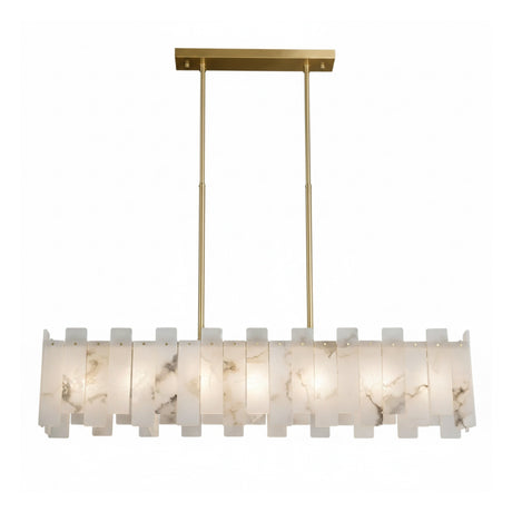The Zarelli 8 Light Interlocking Panel Alabaster Linear Chandelier in Soft White & Brass features frosted marble-like panels and a gold frame, suspended from two rods—an elegant, modern lighting choice for contemporary spaces.