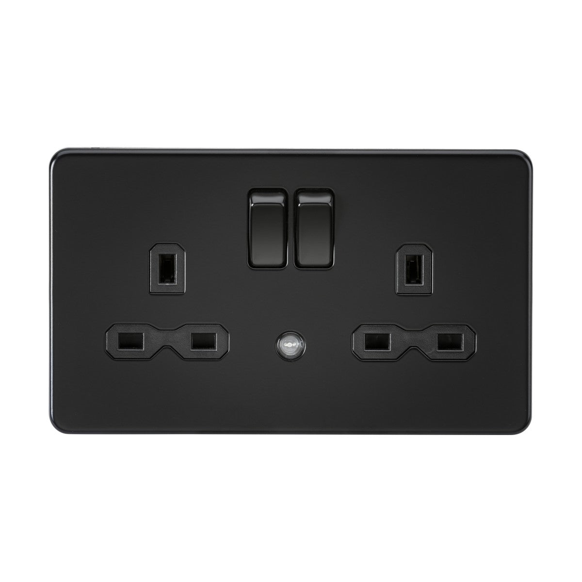 The 13A 2 Gang DP Switched Socket with Nightlight in matt black features a screwless design, providing two plug outlets and switches for convenience.