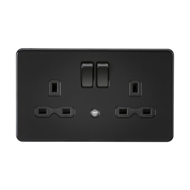 The 13A 2 Gang DP Switched Socket with Nightlight in matt black features a screwless design, providing two plug outlets and switches for convenience.