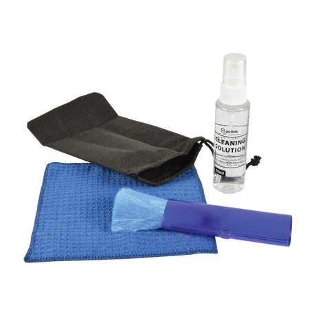 AV:Link LCD & LED Screen Cleaning Kit by AVSL with 50ml spray solution, blue microfibre cloth, dust brush and black drawstring pouch on white.