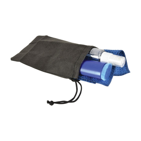 AV:Link LCD & LED screen cleaning kit by AVSL with spray bottle, blue dust brush and microfibre cloth emerging from a black drawstring storage pouch.