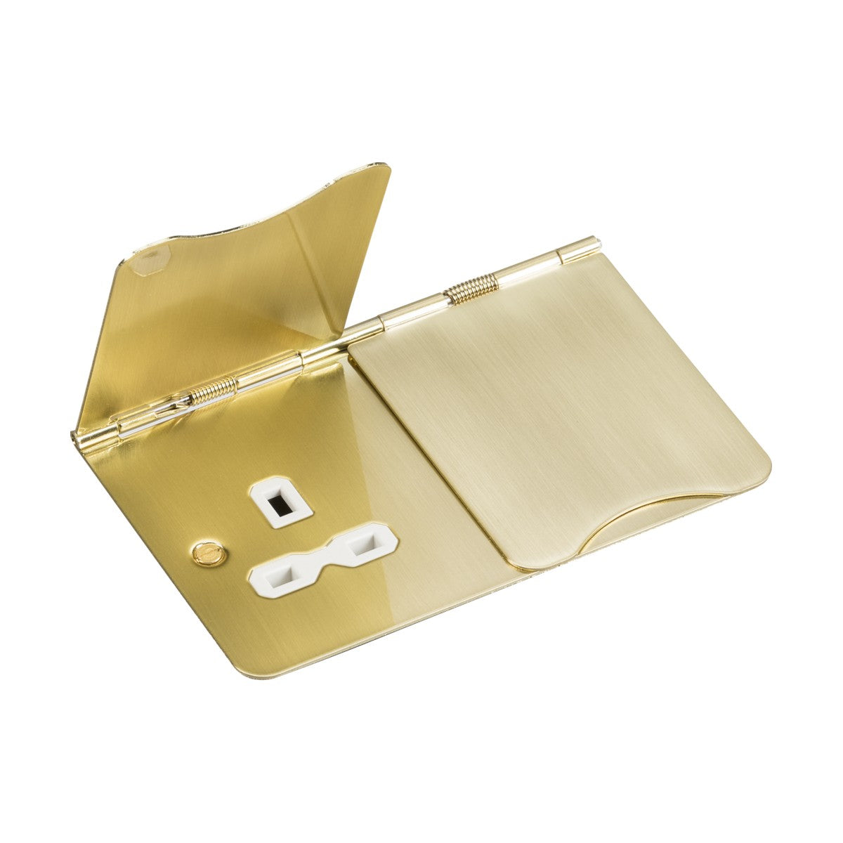 A sleek, rectangular 13A 2 Gang Unswitched Floor Socket in brushed brass with a hinged lid contains a small white object featuring two prongs and an accessory shaped like a ring. The gold-colored case, crafted from premium-grade steel, boasts a smooth, reflective finish that exudes an elegant floor socket design.