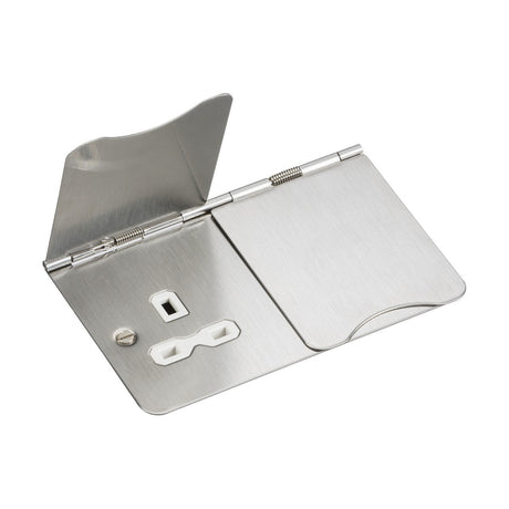 Displaying the 13A 2 Gang Unswitched Floor Socket in brushed chrome with a white insert, this elegant device features a compact, foldable design. Its sleek exterior includes a range of smaller components such as a bottle opener and a miniature wrench, all presented against a simple white backdrop.