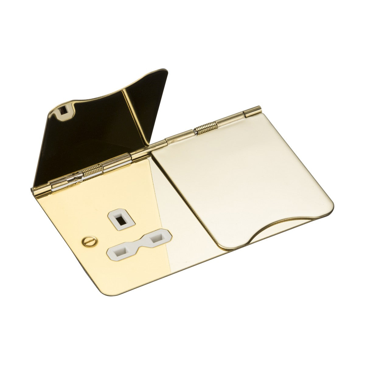 A polished brass 13A 2 gang unswitched floor socket with a white insert, partially deployed against a white background. Crafted to meet British safety standards, its shiny surface reflects light, making it suitable for use in international locations.