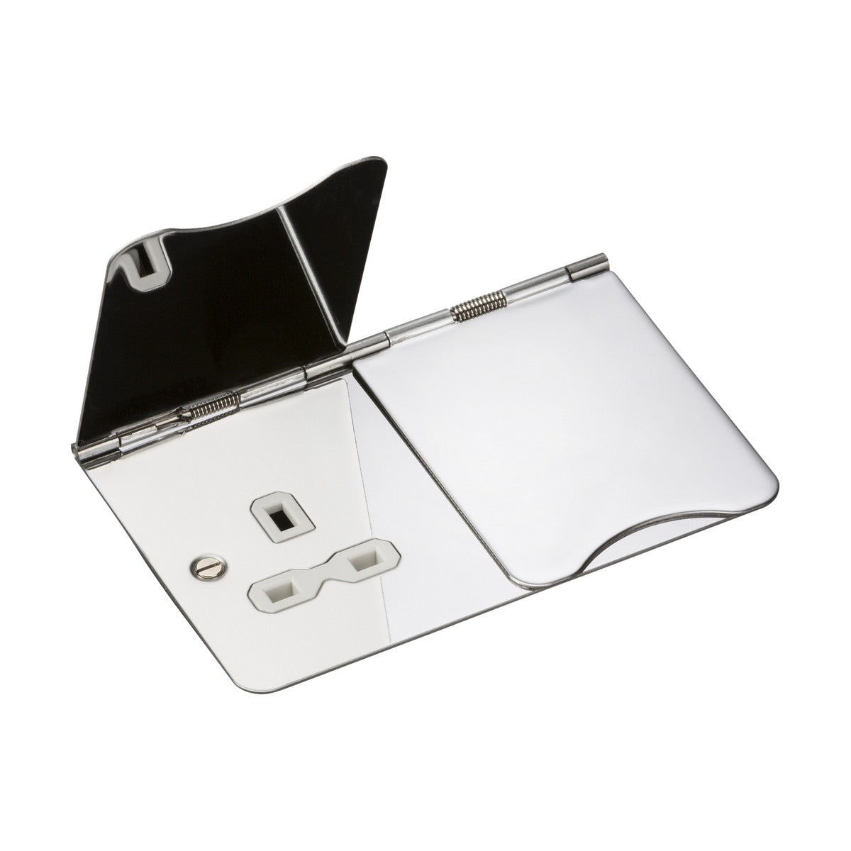 A polished chrome 13A 2 Gang Unswitched Floor Socket with a minimalist design, featuring clean lines and a shiny, metallic appearance and a white insert.