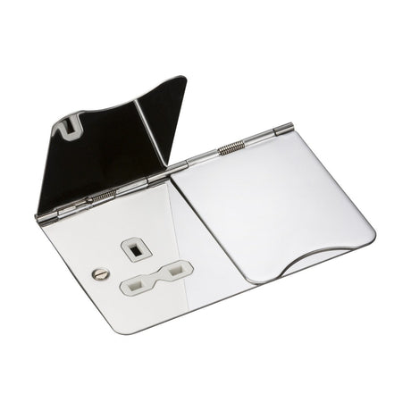 A polished chrome 13A 2 Gang Unswitched Floor Socket with a minimalist design, featuring clean lines and a shiny, metallic appearance and a white insert.