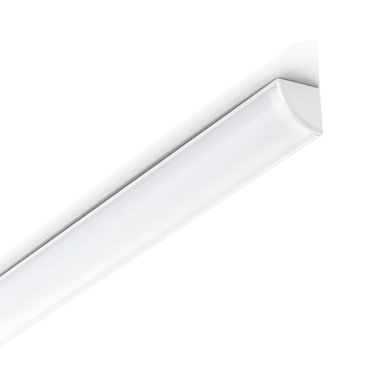The Arcus LED Corner Profile 1m 16x16cm - Surface Mount, White is a sleek, modern ceiling light fixture with a long, rectangular shape and smooth finish. Its surface-mounted design enhances minimalist aesthetics when installed on a white ceiling, providing an elegant lighting solution for contemporary spaces.