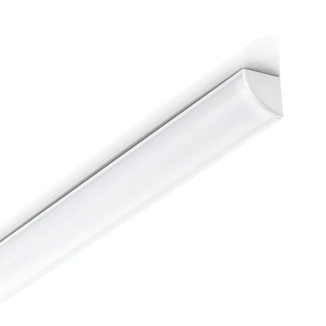The Arcus LED Corner Profile 1m 16x16cm - Surface Mount, White is a sleek, modern ceiling light fixture with a long, rectangular shape and smooth finish. Its surface-mounted design enhances minimalist aesthetics when installed on a white ceiling, providing an elegant lighting solution for contemporary spaces.