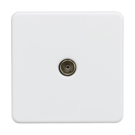 A modern, white square wall plate called the TV Outlet (Non-Isolated) - Matt White features a central coaxial connection and boasts a contemporary screwless design for easy installation.