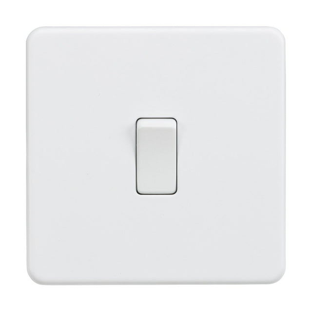 A 10AX 1 Gang Intermediate Switch, in off position, centered on a matt white square wall plate with slightly rounded edges.