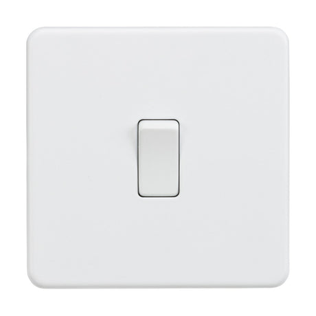 A centered 10AX 1 Gang 2-Way Switch - Matt White (Screwless) is depicted, featuring a white square, sleek screwless design with a modern matt finish, and the toggle in the off position within a flush-mounted panel.