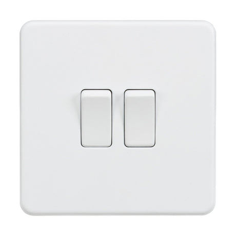 A close-up of the 10AX 2 Gang 2-Way Switch in matt white showcases a sleek, minimalist, screwless design on a white background. Both switches are off, enhancing the rooms contemporary aesthetic with their smooth surface.