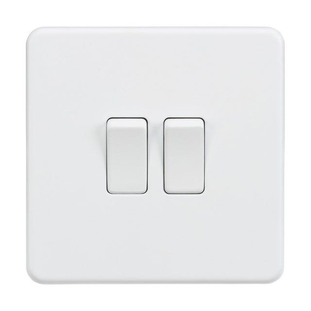 A close-up of the 10AX 2 Gang 2-Way Switch in matt white showcases a sleek, minimalist, screwless design on a white background. Both switches are off, enhancing the rooms contemporary aesthetic with their smooth surface.