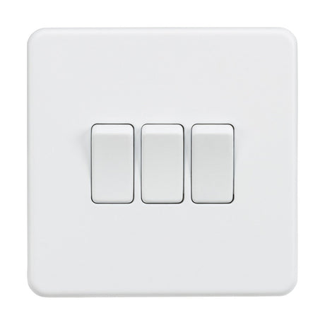 The 10AX 3 Gang 2-Way Switch in matt white, featuring a screwless design with three rectangular rocker switches, provides a simple and modern aesthetic for any room.