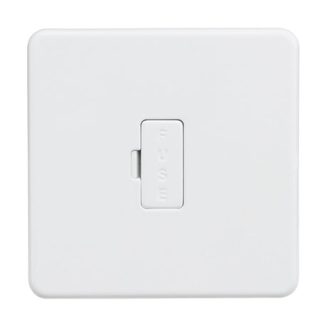 The 13A Fused Spur Unit in matt white features a rectangular button with FUSE in raised letters, a screwless low-profile design, rounded corners, and an elegant finish for a sleek touch.
