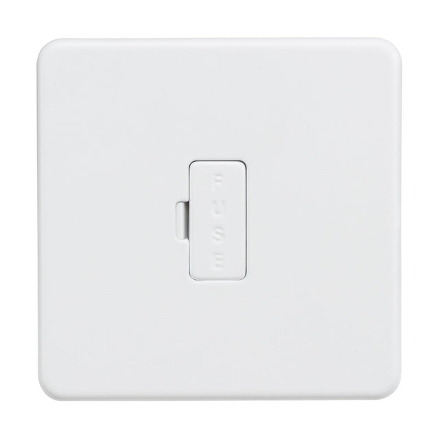 The 13A Fused Spur Unit in matt white features a rectangular button with FUSE in raised letters, a screwless low-profile design, rounded corners, and an elegant finish for a sleek touch.