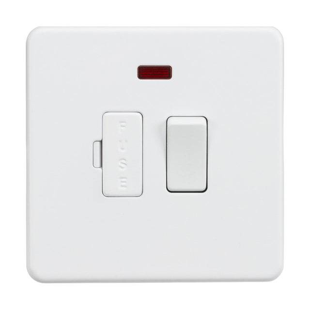 The Matt White 13A Switched Fused Spur Unit (Screwless) features a neon indicator light and a fused switch on a sleek, screwless square plate.