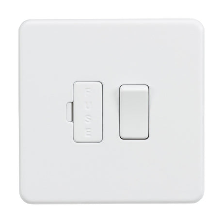 Close-up of a 13A Switched Fused Spur Unit in matt white, featuring a fuse holder on the left and switch toggle on the right. Crafted from premium-grade steel, its sleek, screwless low-profile finish is set against a plain white background.