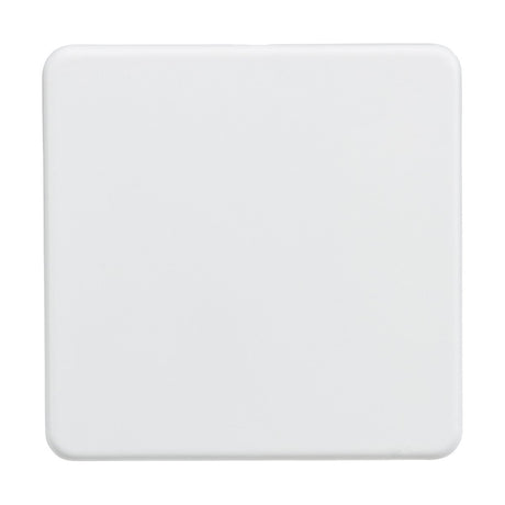 A 1 Gang Blanking Plate in matt white, screwless and low-profile with slightly rounded edges against a plain background.