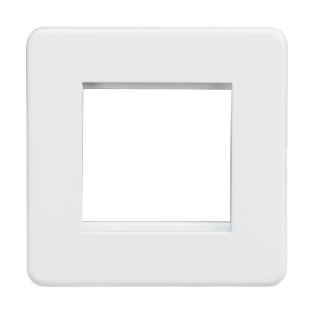 The 2 Gang Modular Faceplate in matt white is a square plastic frame with a central rectangular cutout, perfect for outlet covers. This screwless design boasts an elegant finish suitable for any setting.