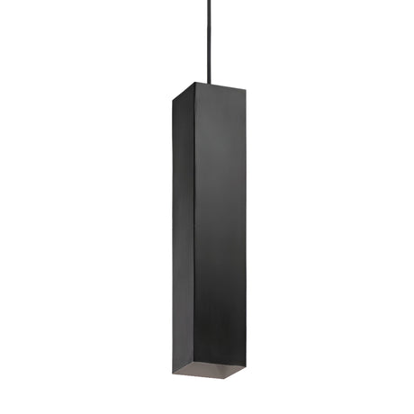The Emberlux 1 Light Pendant - Black showcases a sleek, modern design with an elongated rectangular black metal shade hung from a slender black cord. Ideal for contemporary interiors, this pendant light includes dimmable functionality to create the perfect ambiance in any space.