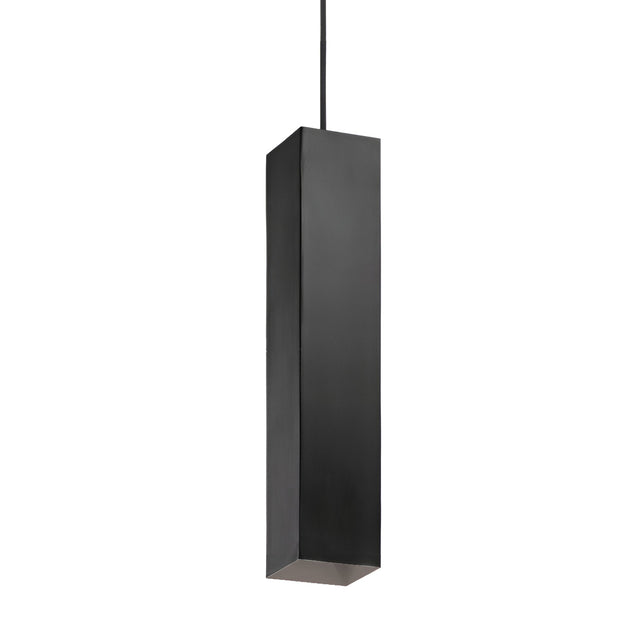 The Emberlux 1 Light Pendant - Black showcases a sleek, modern design with an elongated rectangular black metal shade hung from a slender black cord. Ideal for contemporary interiors, this pendant light includes dimmable functionality to create the perfect ambiance in any space.
