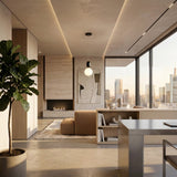 Niori Pallo Pendant Light with black capsule and opal glass globe hanging in a modern living room with neutral furniture, fireplace, and city skyline view.