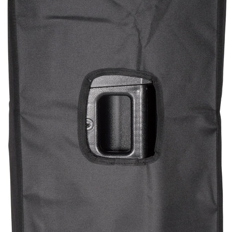 Close-up of the Citronic CASA-12 slip cover by AVSL, showing the black Oxford fabric with a cut-out access hole around the speaker's moulded carrying handle.