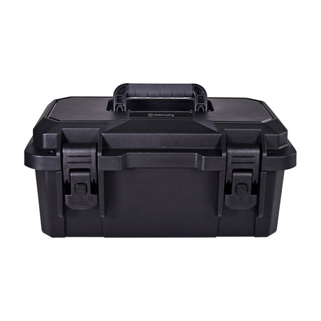Mercury MTC-37 small IP67 waterproof equipment case in black polypropylene with rubberised carry handle and twin press-to-unlock latches, on a white background.