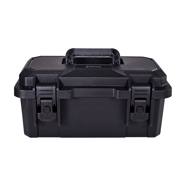 Mercury MTC-37 small IP67 waterproof equipment case in black polypropylene with rubberised carry handle and twin press-to-unlock latches, on a white background.