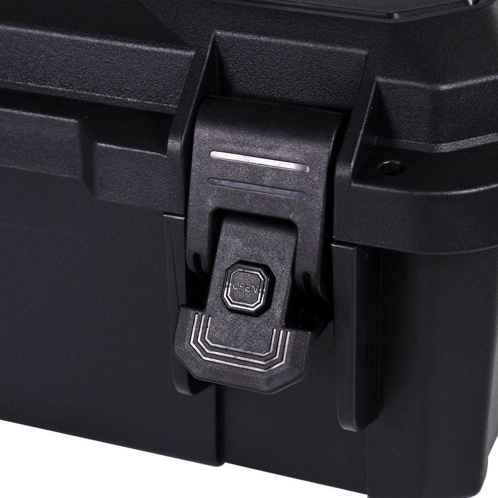 Close-up of the press-to-unlock catch and OPEN button on the AVSL Mercury MTC-37 IP67 waterproof equipment case in matte black polypropylene.