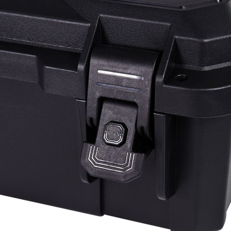 Close-up of the press-to-unlock catch and OPEN button on the AVSL Mercury MTC-37 IP67 waterproof equipment case in matte black polypropylene.