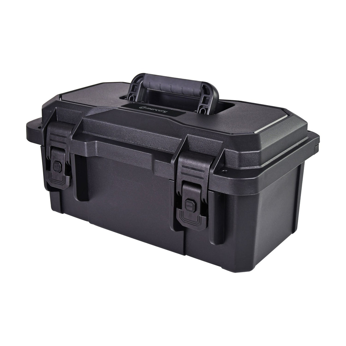 Mercury MTC-37 small IP67 waterproof equipment case in black polypropylene with rubberised carry handle and twin press-to-unlock catches, on a white background.