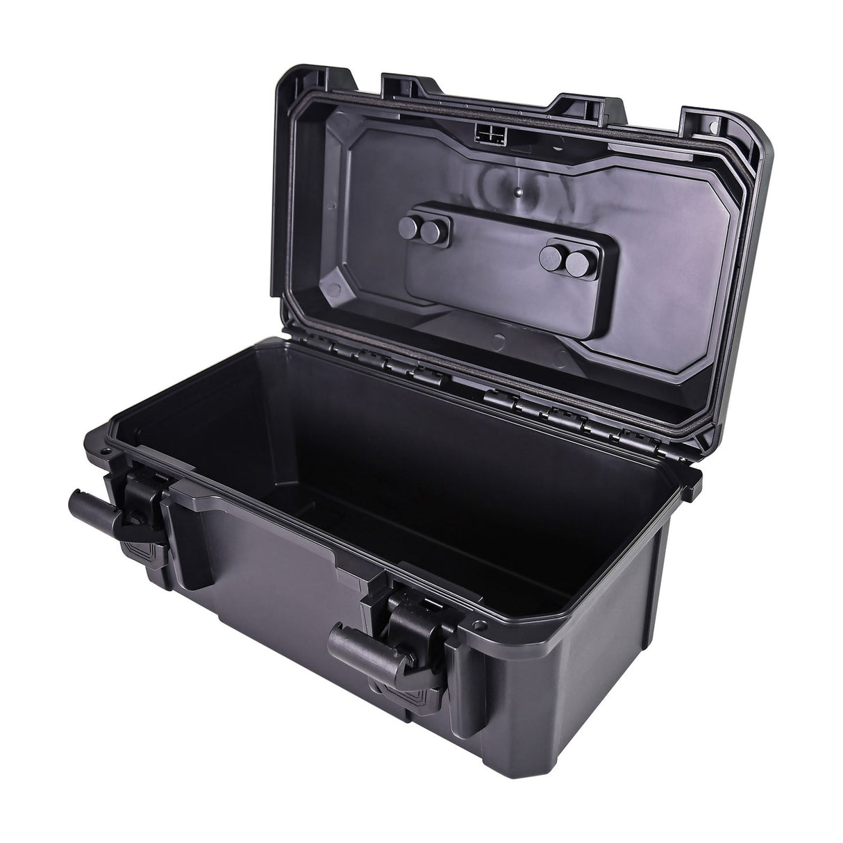 Mercury MTC-37 small IP67 waterproof equipment case shown open in matte black polypropylene with hinged lid, press-to-unlock catches and rubberised handle.