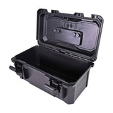 Mercury MTC-37 small IP67 waterproof equipment case shown open in matte black polypropylene with hinged lid, press-to-unlock catches and rubberised handle.