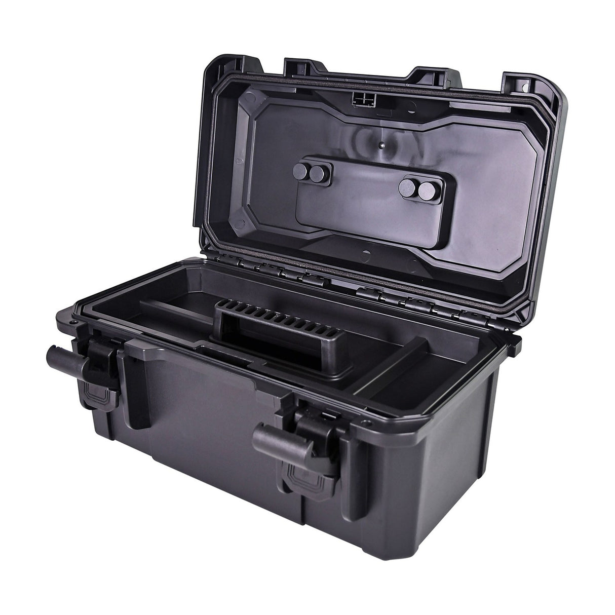 Mercury MTC-37 small waterproof equipment case by AVSL, open to show black polypropylene shell, removable tray, latches and rubberised handle, on white.