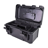 Mercury MTC-37 small waterproof equipment case by AVSL, open to show black polypropylene shell, removable tray, latches and rubberised handle, on white.