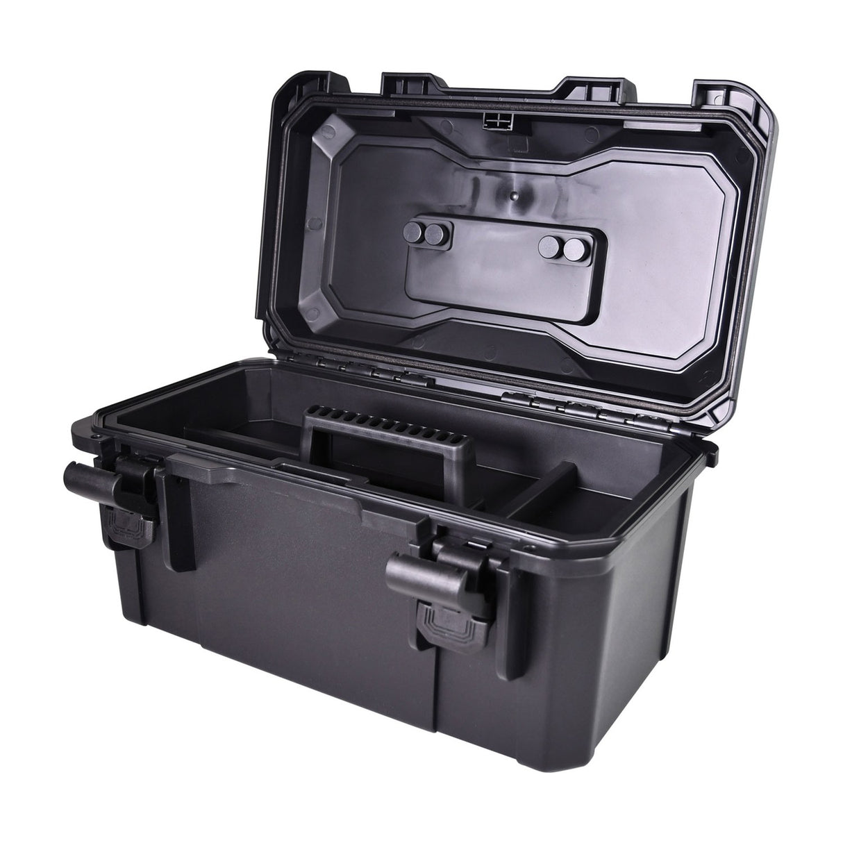 Mercury MTC-41 IP67 waterproof equipment case in matte black polypropylene, shown open with removable inner tray, side latches and hinged lid.