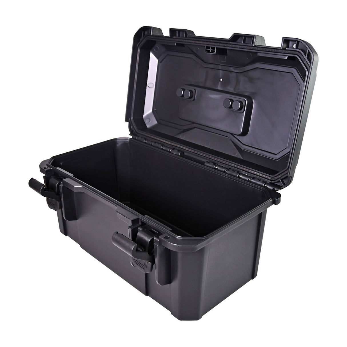 Mercury MTC-41 IP67 waterproof equipment case in matte black polypropylene shown open with empty interior and hinged lid raised on a white background.