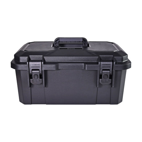 Mercury MTC-46 IP67 waterproof heavy duty equipment case in matte black polypropylene with rubberised handle and press-to-unlock catches, on a white background.