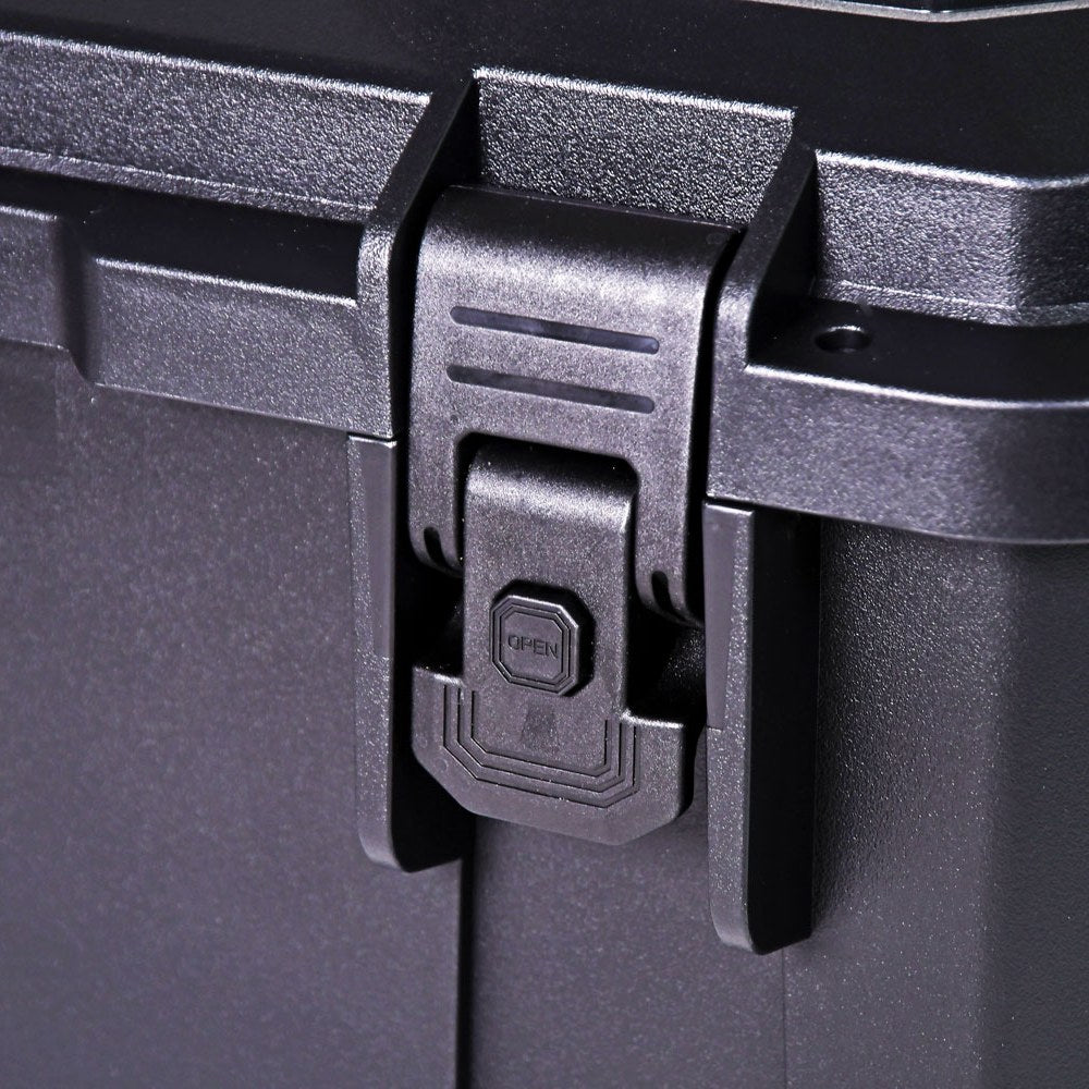 Close-up of the press-to-unlock securing catch on the AVSL Mercury MTC-46 IP67 waterproof heavy duty equipment case in matte black polypropylene.
