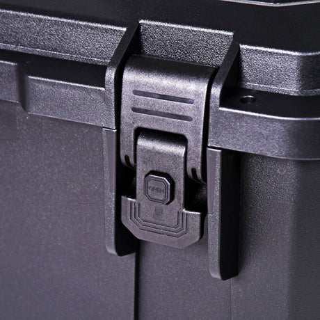 Close-up of the press-to-unlock securing catch on the AVSL Mercury MTC-46 IP67 waterproof heavy duty equipment case in matte black polypropylene.