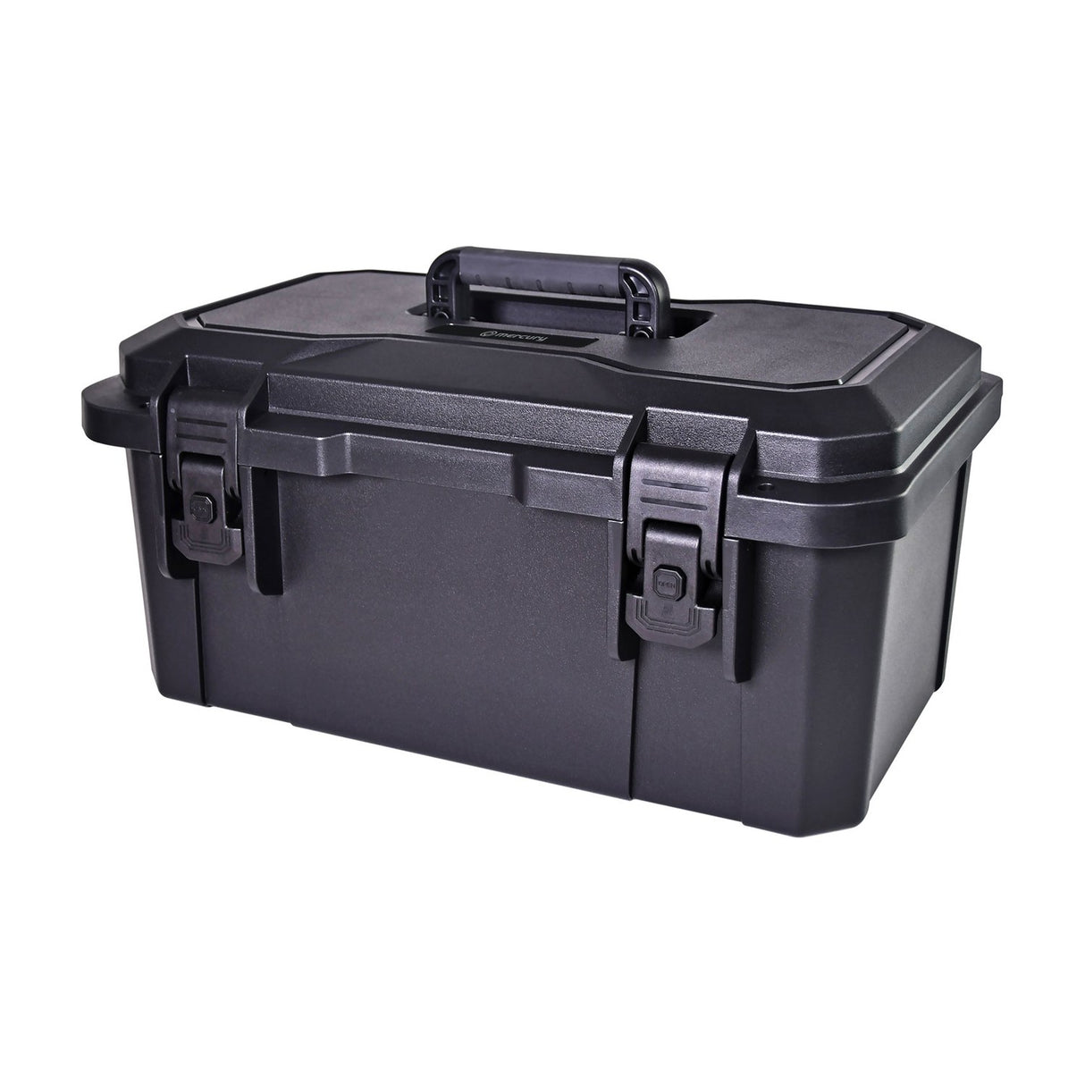 Mercury MTC-46 IP67 waterproof heavy duty equipment case in matte black polypropylene with rubberised carry handle and press-to-unlock latches.