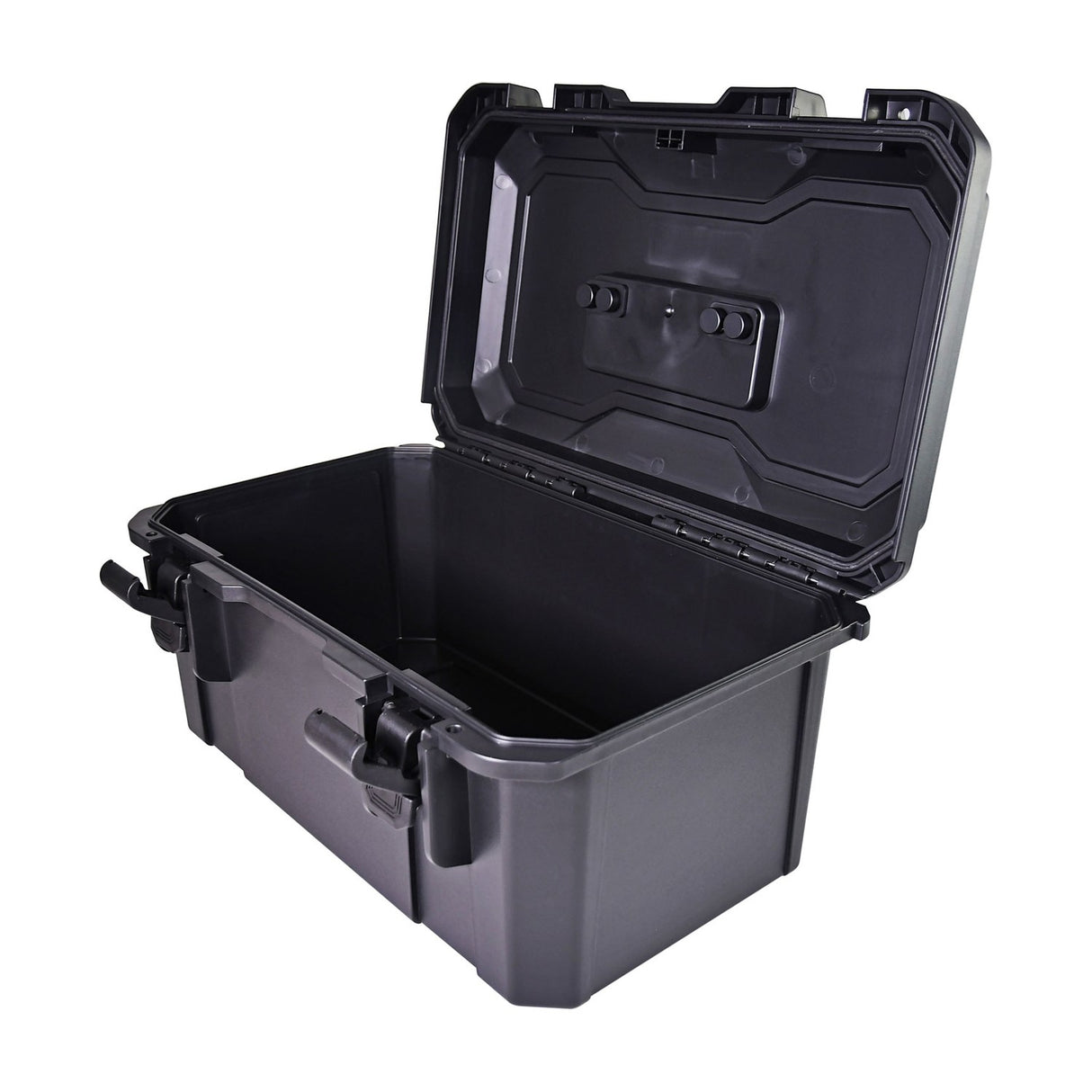 Mercury MTC-46 IP67 waterproof heavy duty case in black polypropylene, shown open with empty interior and press-to-unlock catches on a white background.