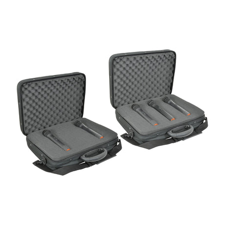 Two open Chord WMBAG2 padded wireless microphone transit bags by AVSL, showing segmented grey foam interiors holding handheld mics, carry handles and straps.