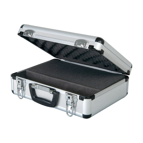 Chord MFC330 aluminium microphone flight case open to show black foam-lined interior, silver diamond-patterned shell, carry handle and lockable catches.