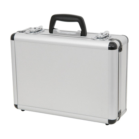 Chord MFC330 aluminium microphone flight case with diamond-patterned silver shell, black carry handle and lockable chrome catches on a white background.