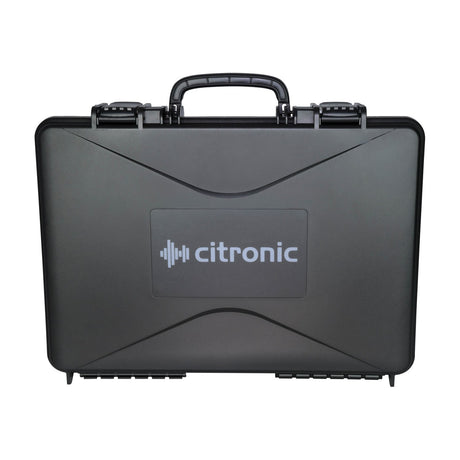 Citronic ABS445 matte black moulded ABS carry case with flush top handle, twin sliding latches and front logo panel, shown on a white background.
