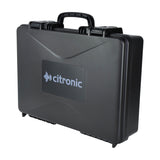 Citronic ABS445 black moulded ABS carry case for mixers with flush moulded handle, sliding latches and printed logo panel on a white background.